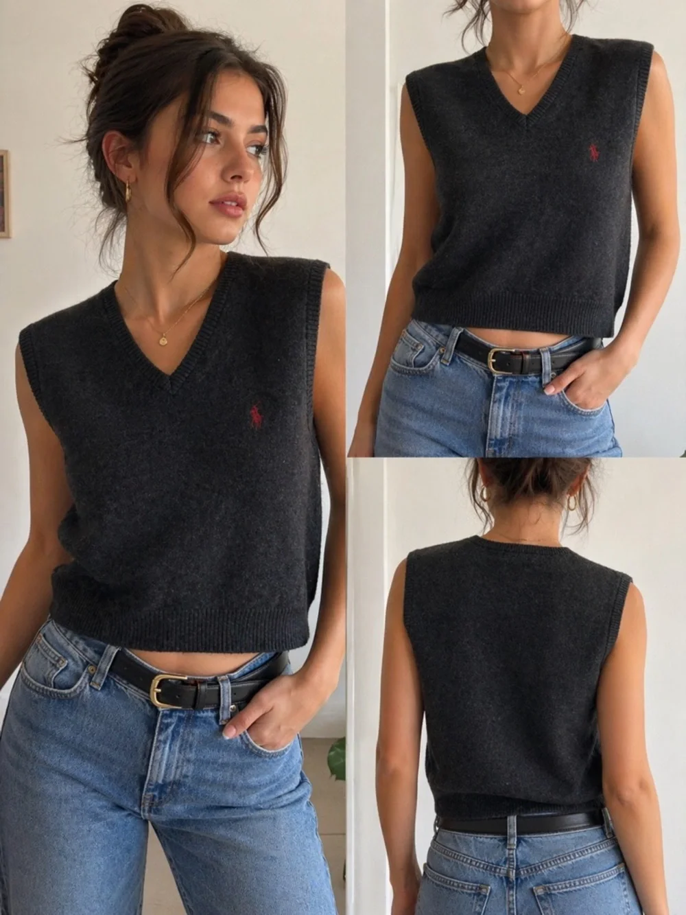 Polo Ralph Lauren Lambswool Sweater Vest Gray Preppy V Neck Logo